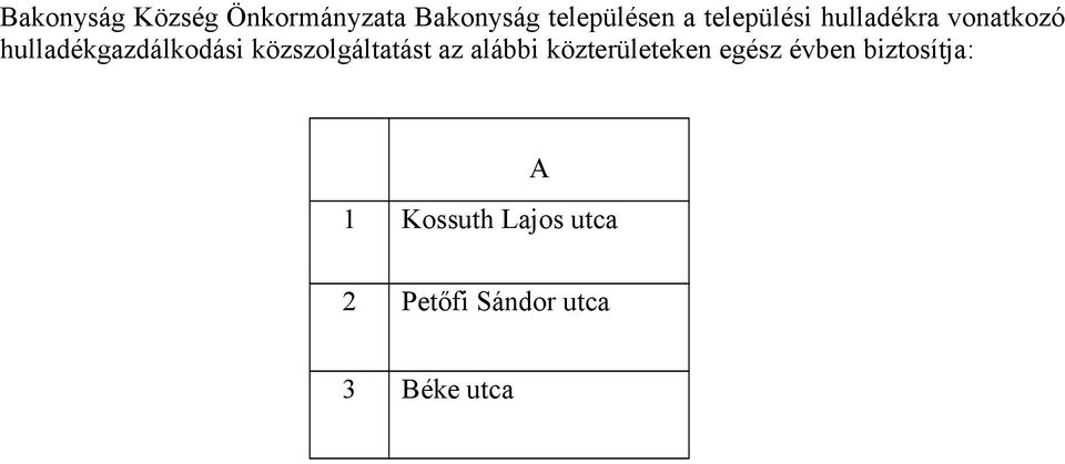 közszolgáltatást az alábbi közterületeken egész évben