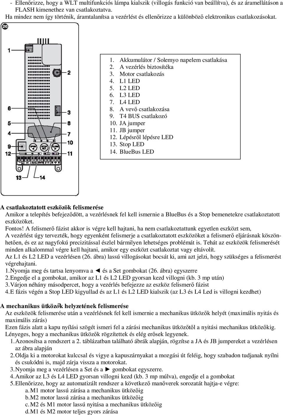 Motor csatlakozás 4. L1 LED 5. L2 LED 6. L3 LED 7. L4 LED 8. A vev csatlakozása 9. T4 BUS csatlakozó 10. JA jumper 11. JB jumper 12. Lépésr l lépésre LED 13. Stop LED 14.