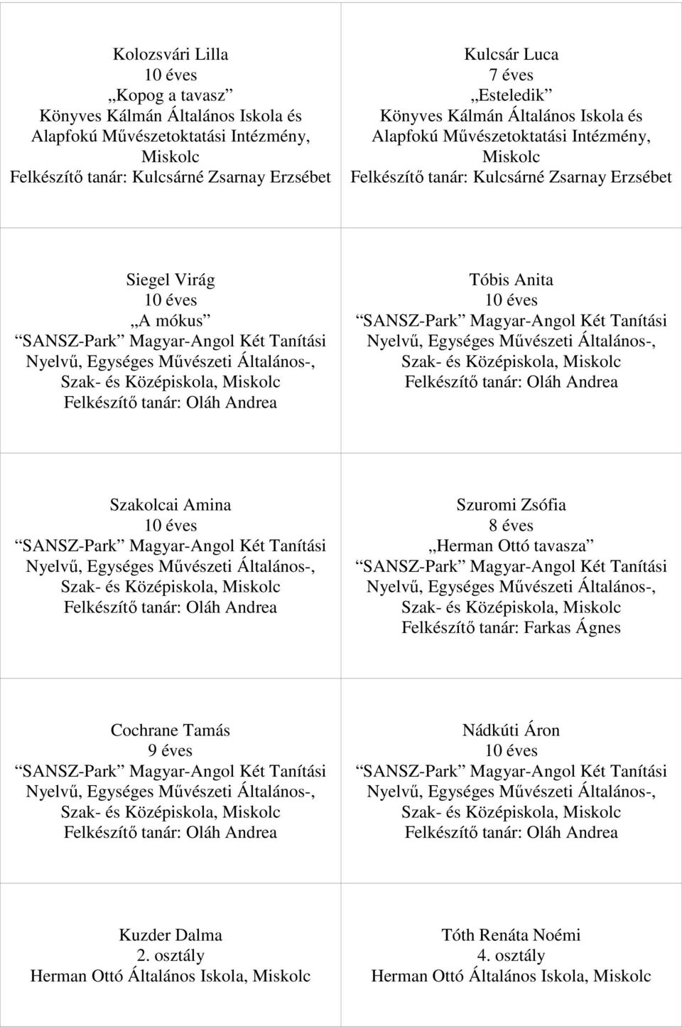 és Középiskola, Felkészítő tanár: Oláh Andrea Szakolcai Amina SANSZ-Park Magyar-Angol Két Tanítási Nyelvű, Egységes Művészeti Általános-, Szak- és Középiskola, Felkészítő tanár: Oláh Andrea Szuromi