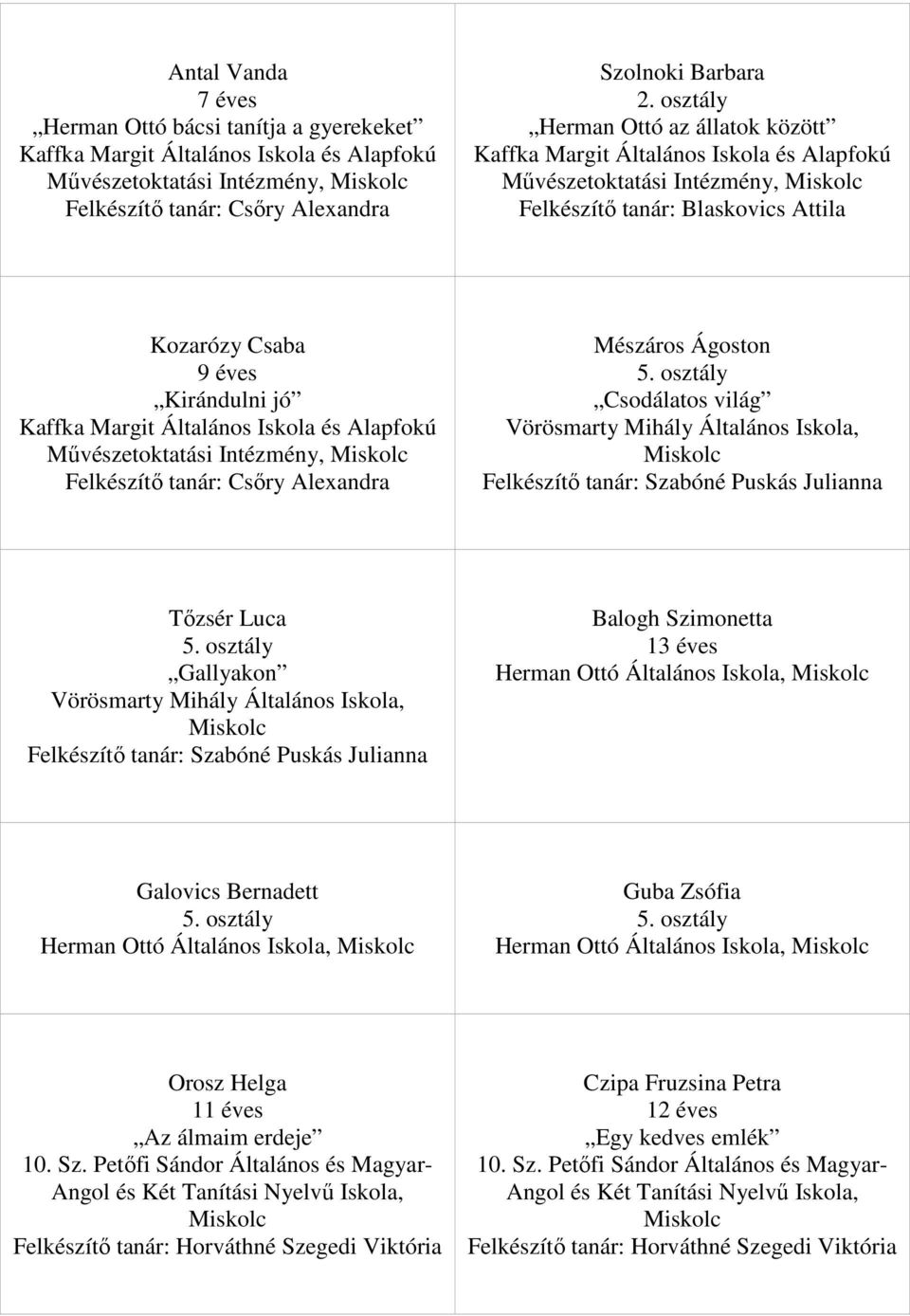 Szabóné Puskás Julianna Tőzsér Luca Gallyakon Vörösmarty Mihály Általános Iskola, Felkészítő tanár: Szabóné Puskás Julianna Balogh Szimonetta 13 éves Herman Ottó Általános Iskola, Galovics Bernadett