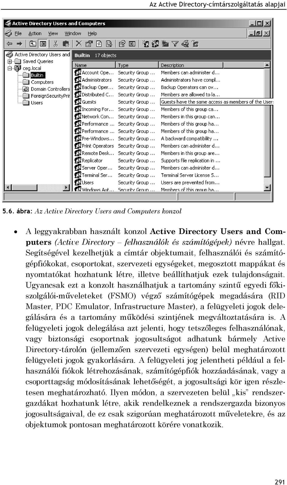 Segítségével kezelhetjük a címtár objektumait, felhasználói és számítógépfiókokat, csoportokat, szervezeti egységeket, megosztott mappákat és nyomtatókat hozhatunk létre, illetve beállíthatjuk ezek