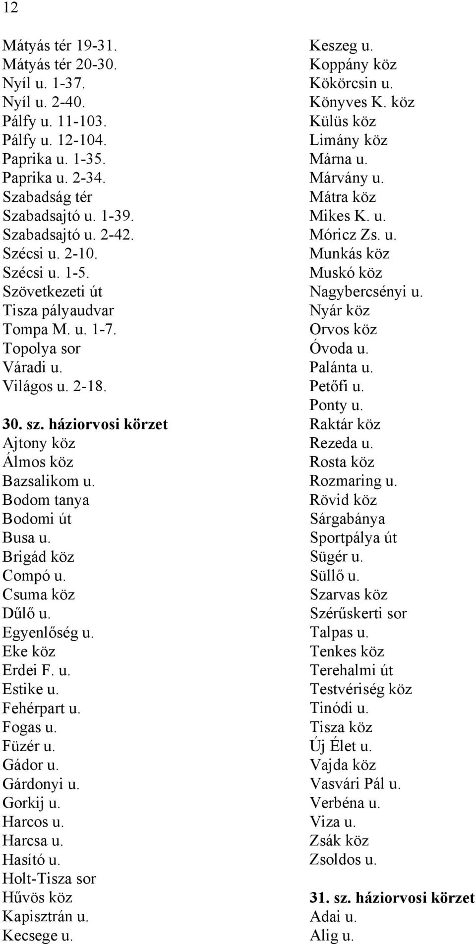 Brigád köz Compó u. Csuma köz Dűlő u. Egyenlőség u. Eke köz Erdei F. u. Estike u. Fehérpart u. Fogas u. Füzér u. Gádor u. Gárdonyi u. Gorkij u. Harcos u. Harcsa u. Hasító u.