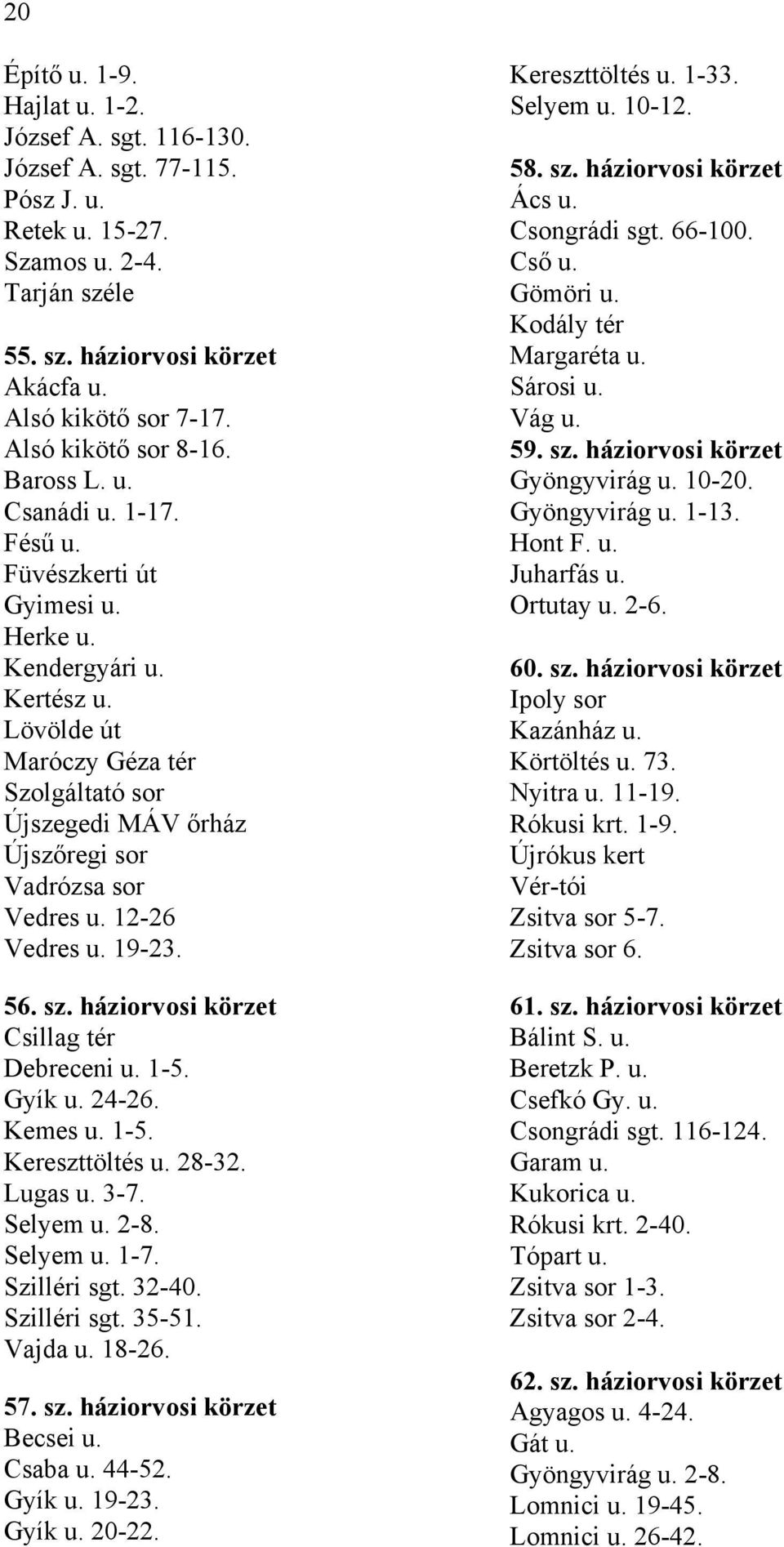 Lövölde út Maróczy Géza tér Szolgáltató sor Újszegedi MÁV őrház Újszőregi sor Vadrózsa sor Vedres u. 12-26 Vedres u. 19-23. 56. sz. háziorvosi körzet Csillag tér Debreceni u. 1-5. Gyík u. 24-26.