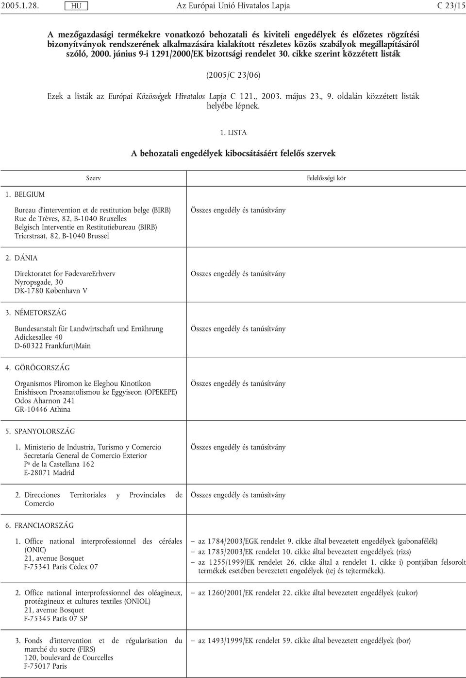 szóló, 2000. június 9-i 1291/2000/EK bizottsági rendelet 30. cikke szerint közzétett listák (2005/C 23/06) Ezek a listák az Európai Közösségek Hivatalos Lapja C 121., 2003. május 23., 9.