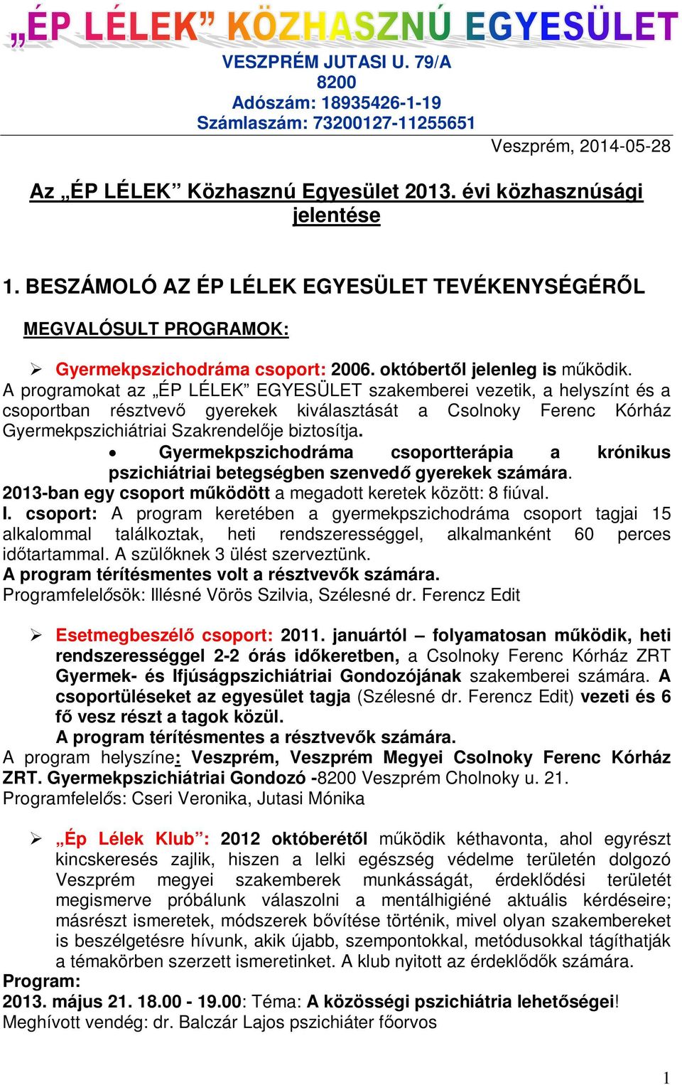 A programokat az ÉP LÉLEK EGYESÜLET szakemberei vezetik, a helyszínt és a csoportban résztvev gyerekek kiválasztását a Csolnoky Ferenc Kórház Gyermekpszichiátriai Szakrendel je biztosítja.