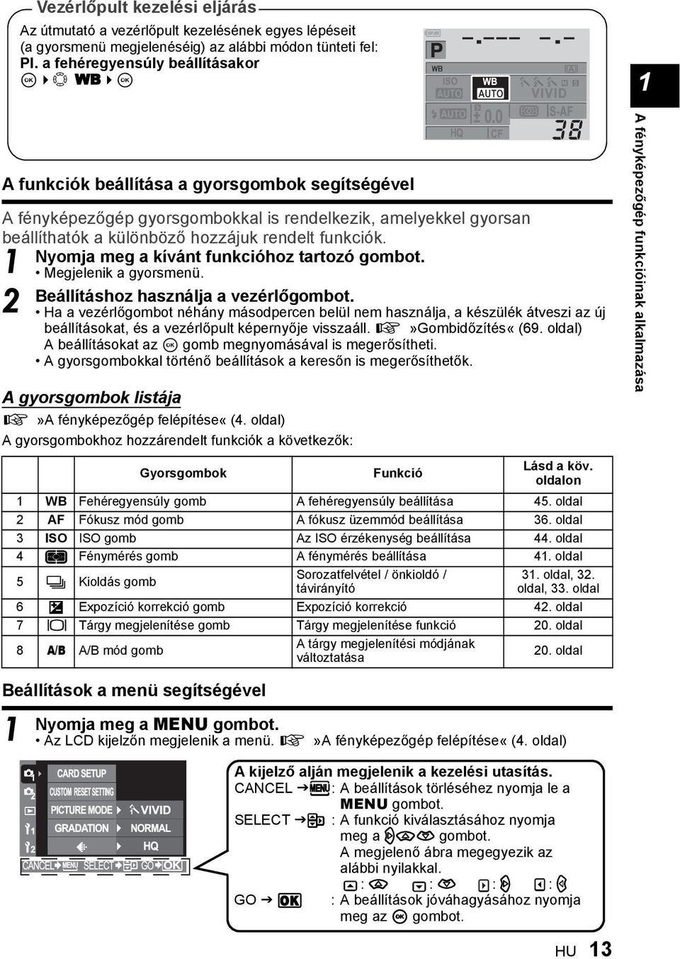 funkciók. Nyomja meg a kívánt funkcióhoz tartozó gombot. 1 Megjelenik a gyorsmenü. Beállításhoz használja a vezérlőgombot.