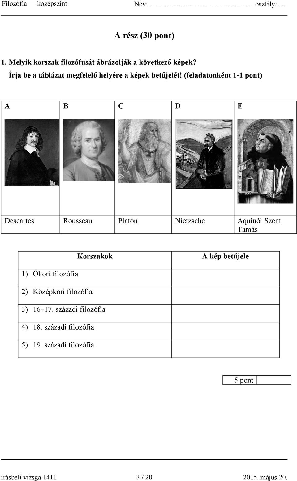 (feladatonként 1-1 pont) A B C D E Descartes Rousseau Platón Nietzsche Aquinói Szent Tamás Korszakok A