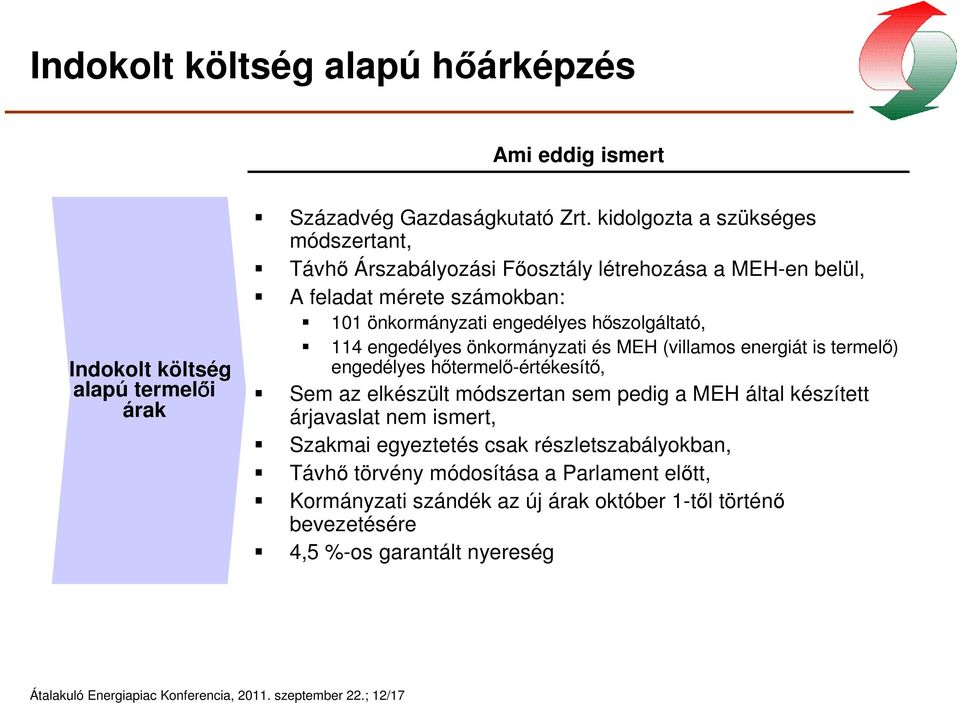 engedélyes önkormányzati és MEH (villamos energiát is termelő) engedélyes hőtermelő-értékesítő, Sem az elkészült módszertan sem pedig a MEH által készített árjavaslat nem ismert,