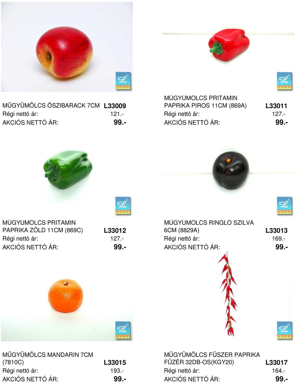 - MŰGYÜMÖLCS PRITAMIN PAPRIKA ZÖLD 11CM (869C) MŰGYÜMÖLCS RINGLÓ SZILVA 6CM (8829A) L33012 L33013 Régi nettó ár: 127.