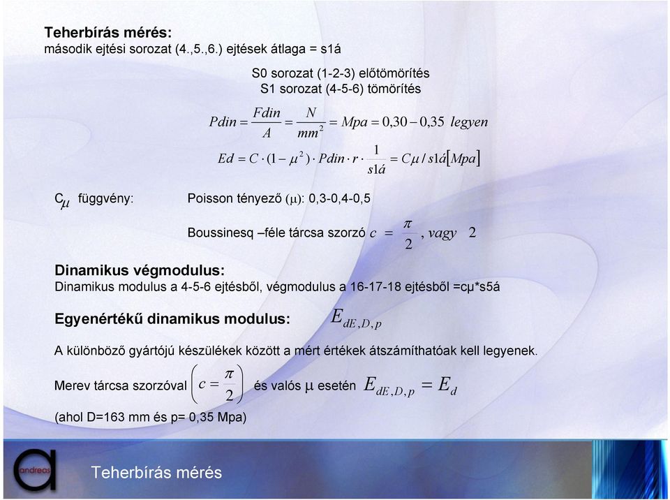 s1á C függvény: Poisson tényező (µ): 0,3-0,4-0,5 µ Boussinesq féle tárcsa szorzó π, vagy 2 legyen [ Mpa] Dinamikus végmodulus: Dinamikus modulus a 4-5-6 ejtésből,