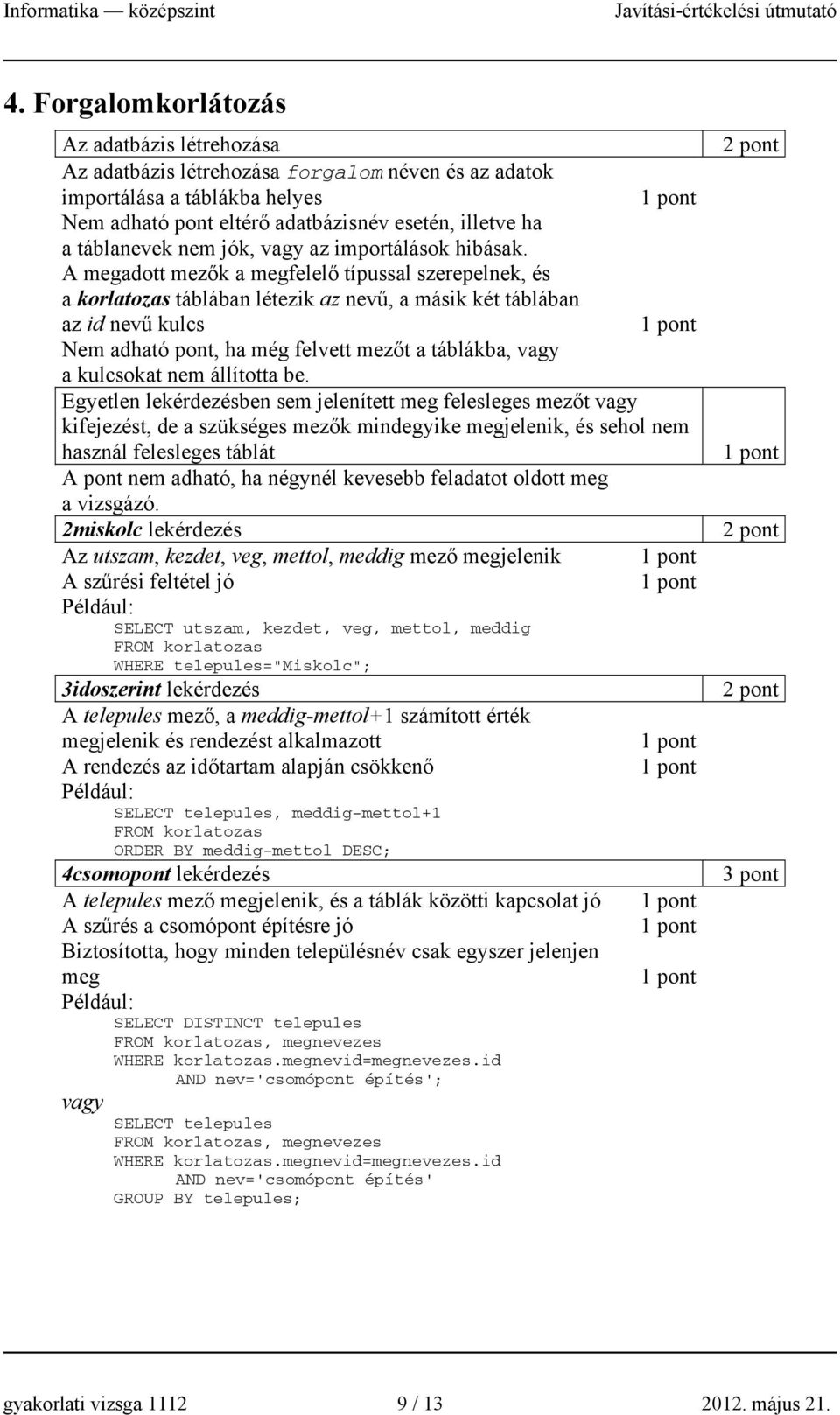 A megadott mezők a megfelelő típussal szerepelnek, és a korlatozas táblában létezik az nevű, a másik két táblában az id nevű kulcs Nem adható pont, ha még felvett mezőt a táblákba, vagy a kulcsokat
