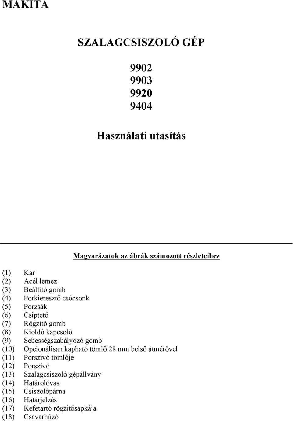 (9) Sebességszabályozó gomb (10) Opcionálisan kapható tömlő 28 mm belső átmérővel (11) Porszívó tömlője (12) Porszívó