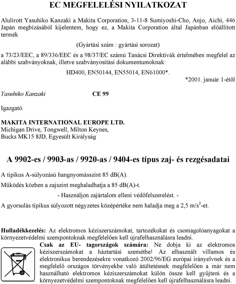 dokumentumoknak: HD400, EN50144, EN55014, EN61000*. *2001. január 1-étől Yasuhiko Kanzaki CE 99 Igazgató MAKITA INTERNATIONAL EUROPE LTD.