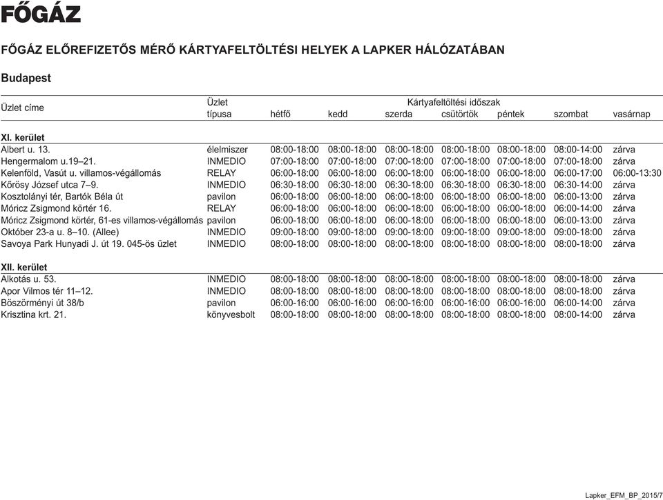 villamos-végállomás RELAY 06:00-18:00 06:00-18:00 06:00-18:00 06:00-18:00 06:00-18:00 06:00-17:00 06:00-13:30 Kőrösy József utca 7 9.
