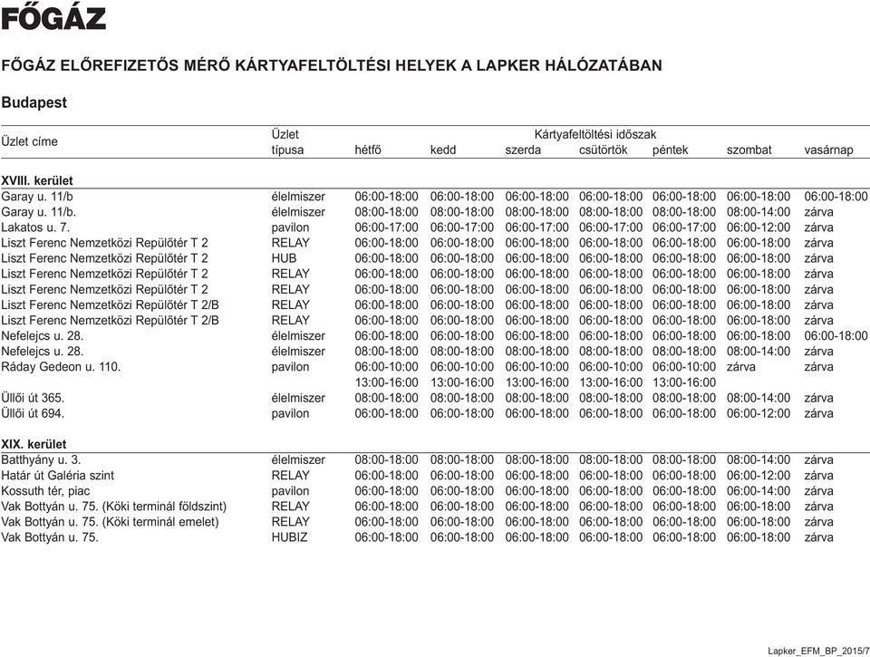 06:00-18:00 zárva Liszt Ferenc Nemzetközi Repülőtér T 2 HUB 06:00-18:00 06:00-18:00 06:00-18:00 06:00-18:00 06:00-18:00 06:00-18:00 zárva Liszt Ferenc Nemzetközi Repülőtér T 2 RELAY 06:00-18:00