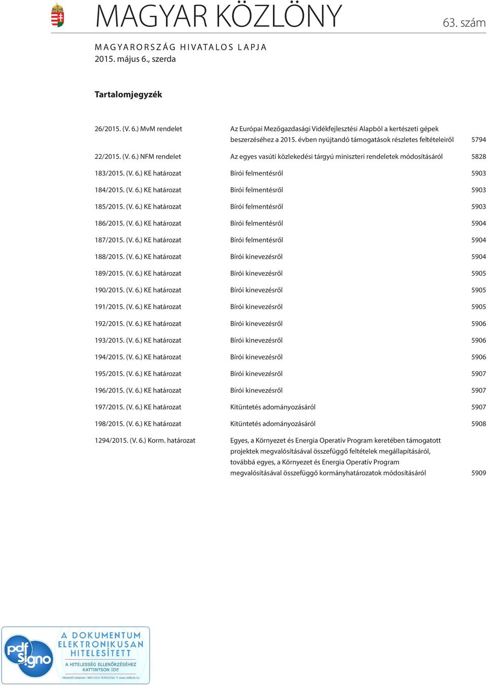 (V. 6.) KE határozat Bírói felmentésről 5903 185/2015. (V. 6.) KE határozat Bírói felmentésről 5903 186/2015. (V. 6.) KE határozat Bírói felmentésről 5904 187/2015. (V. 6.) KE határozat Bírói felmentésről 5904 188/2015.