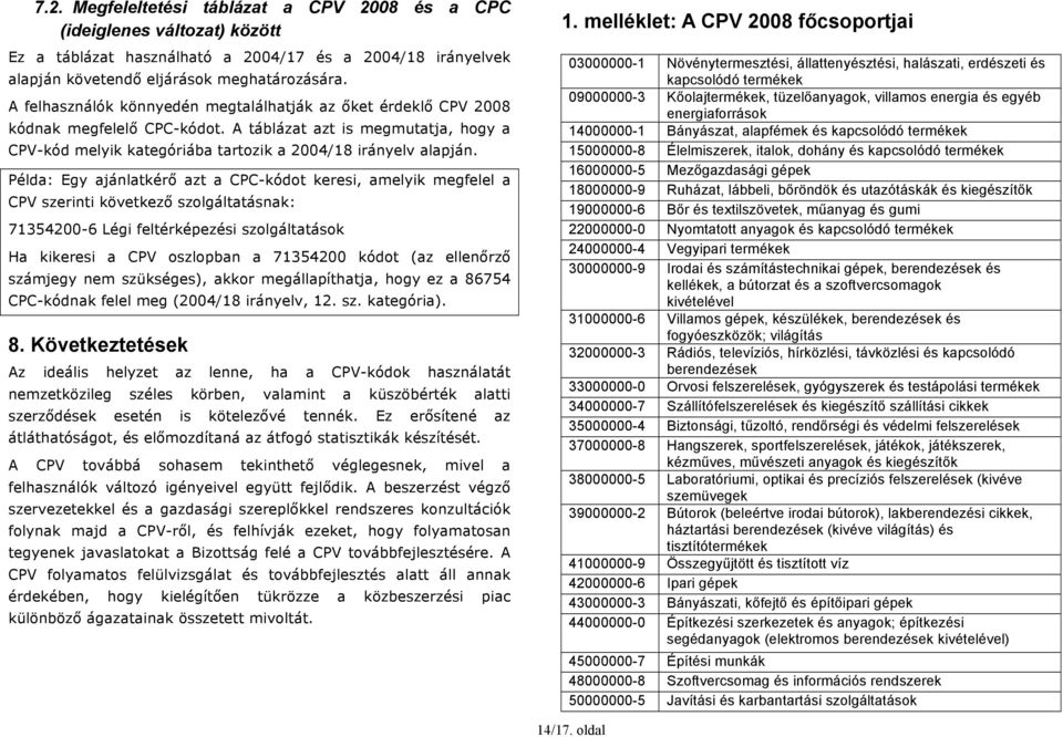 Példa: Egy ajánlatkérő azt a CPC-kódot keresi, amelyik megfelel a CPV szerinti következő szolgáltatásnak: 71354200-6 Légi feltérképezési szolgáltatások Ha kikeresi a CPV oszlopban a 71354200 kódot