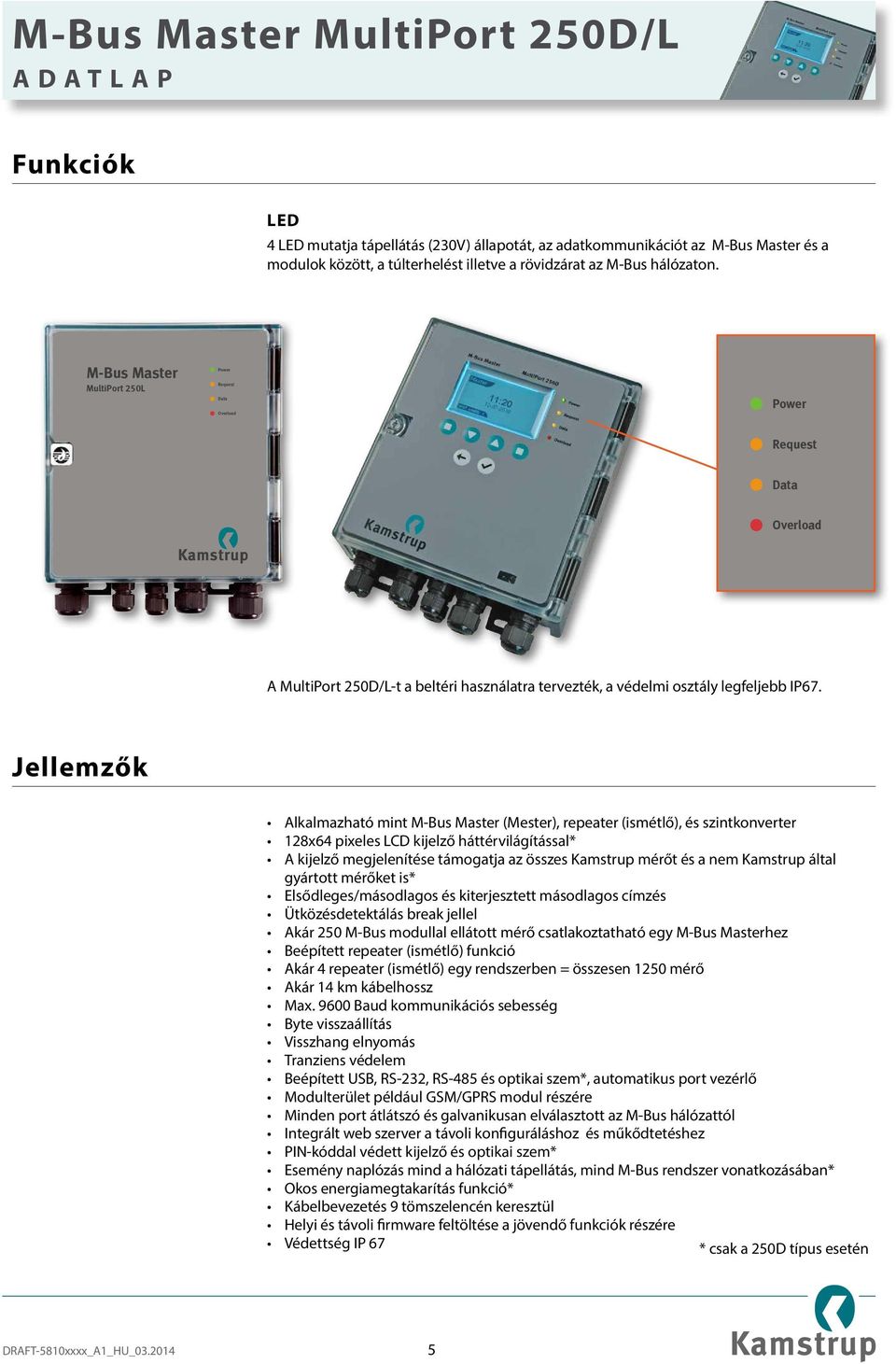 Jellemzők Alkalmazható mint (Mester), repeater (ismétlő), és szintkonverter 128x64 pixeles LCD kijelző háttérvilágítással* A kijelző megjelenítése támogatja az összes Kamstrup mérőt és a nem Kamstrup