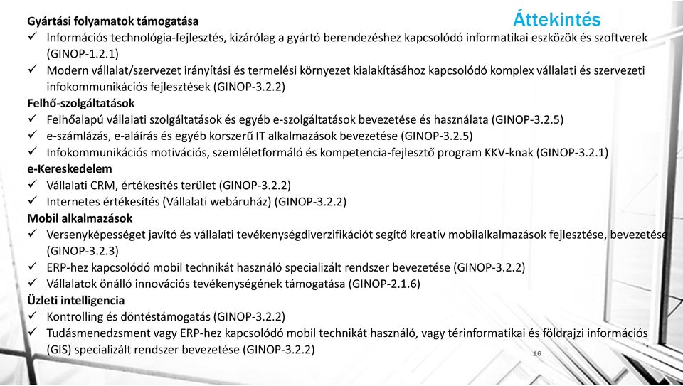 2) Felhő-szolgáltatások Felhőalapú vállalati szolgáltatások és egyéb e-szolgáltatások bevezetése és használata (GINOP-3.2.5) e-számlázás, e-aláírás és egyéb korszerű IT alkalmazások bevezetése (GINOP-3.