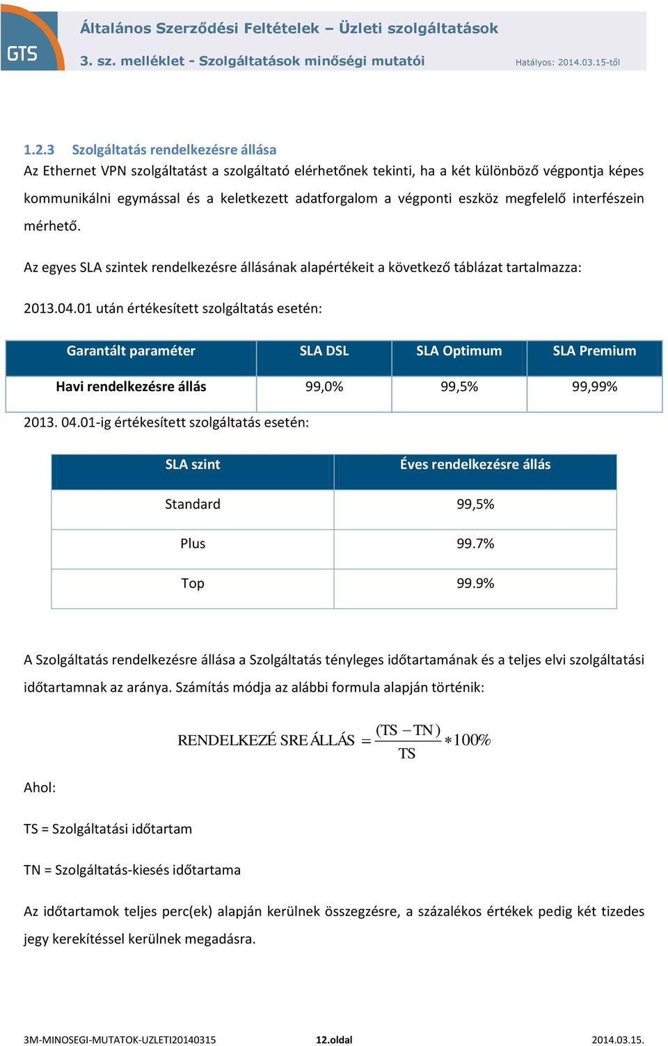 01 után értékesített szolgáltatás esetén: Garantált paraméter SLA DSL SLA Optimum SLA Premium Havi rendelkezésre állás 99,0% 99,5% 99,99% 2013. 04.
