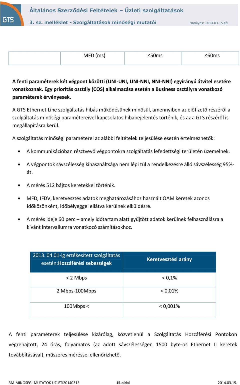 A GTS Ethernet Line szolgáltatás hibás működésűnek minősül, amennyiben az előfizető részéről a szolgáltatás minőségi paramétereivel kapcsolatos hibabejelentés történik, és az a GTS részéről is