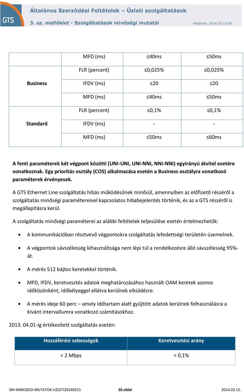 A GTS Ethernet Line szolgáltatás hibás működésűnek minősül, amennyiben az előfizető részéről a szolgáltatás minőségi paramétereivel kapcsolatos hibabejelentés történik, és az a GTS részéről is