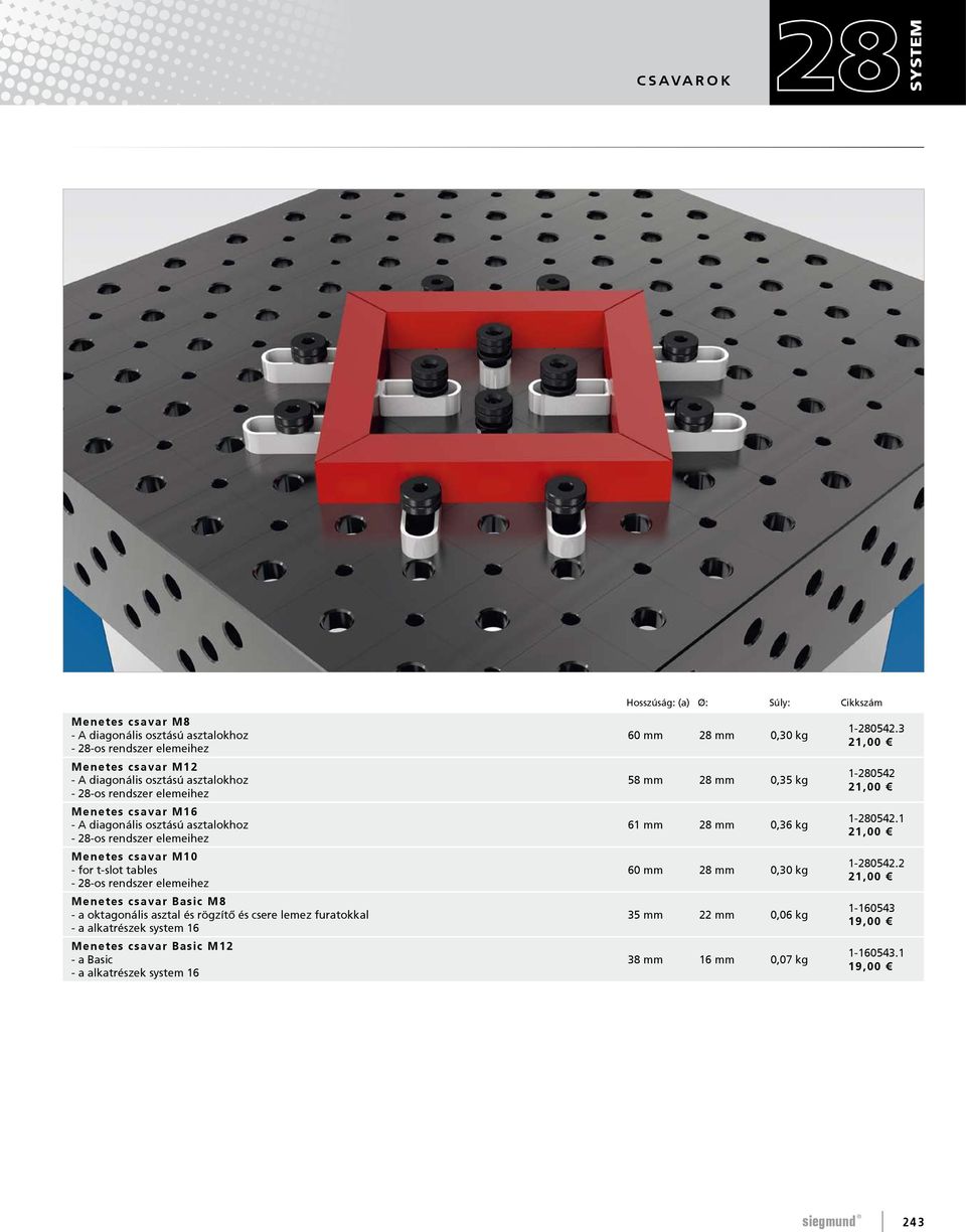 oktagonális asztal és rögzítő és csere lemez furatokkal - a alkatrészek system 16 Menetes csavar Basic M12 - a Basic - a alkatrészek system 16 60 mm 28 mm 0,30 kg 58 mm 28 mm