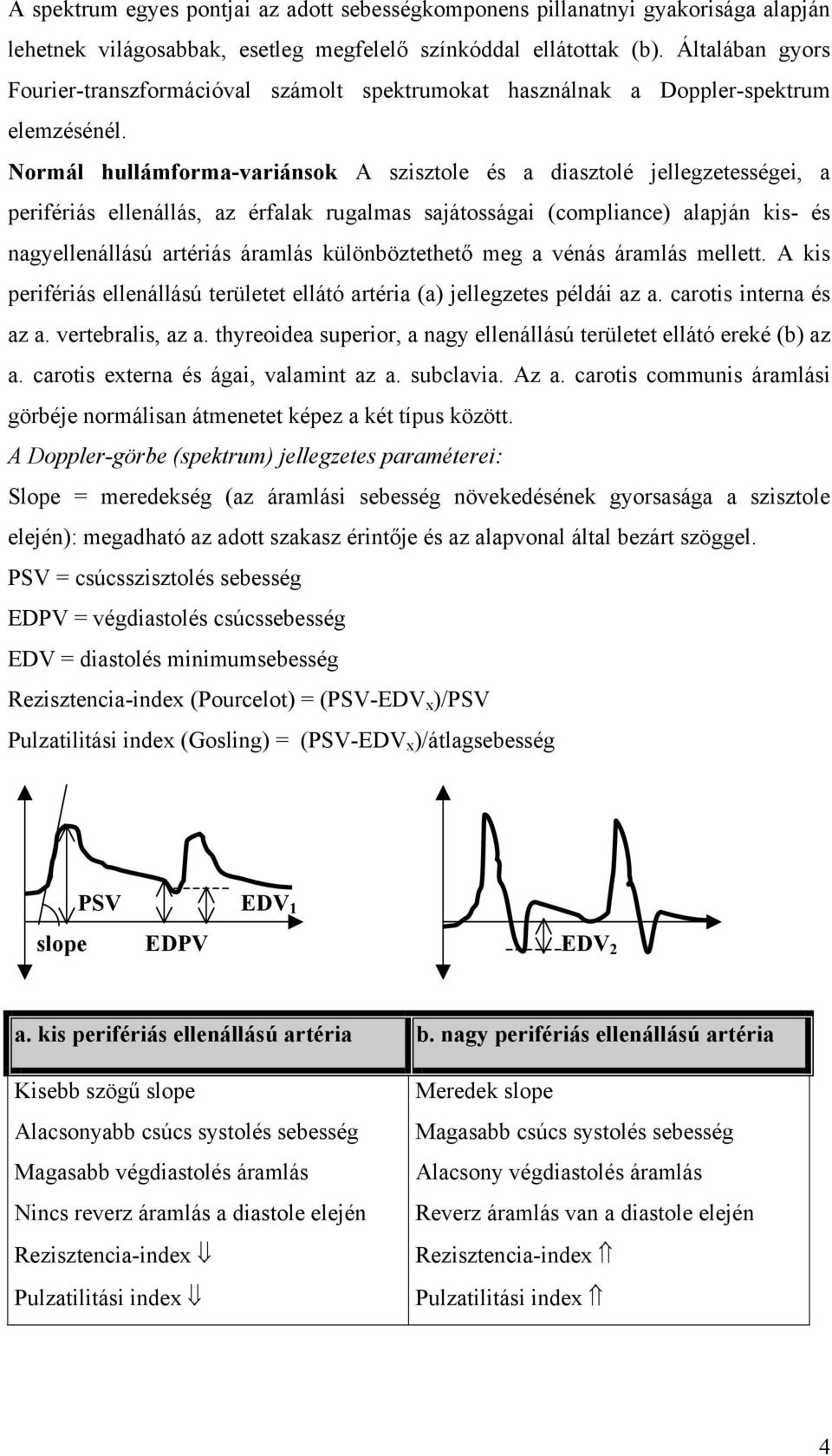 Normál hullámforma-variánsok A szisztole és a diasztolé jellegzetességei, a perifériás ellenállás, az érfalak rugalmas sajátosságai (compliance) alapján kis- és nagyellenállású artériás áramlás