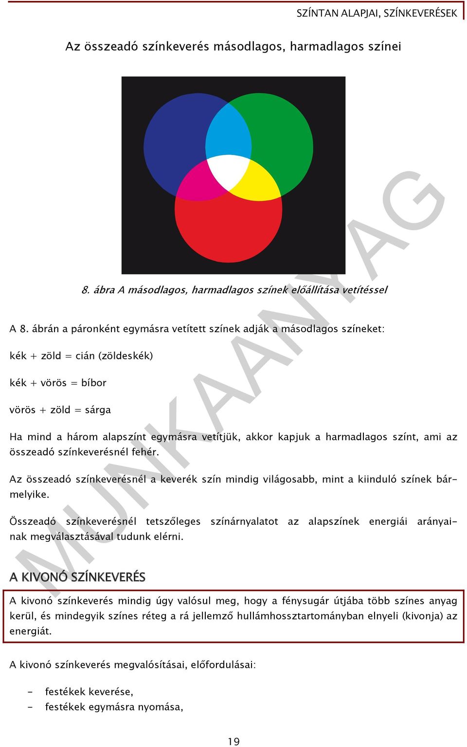 kapjuk a harmadlagos színt, ami az összeadó színkeverésnél fehér. Az összeadó színkeverésnél a keverék szín mindig világosabb, mint a kiinduló színek bármelyike.