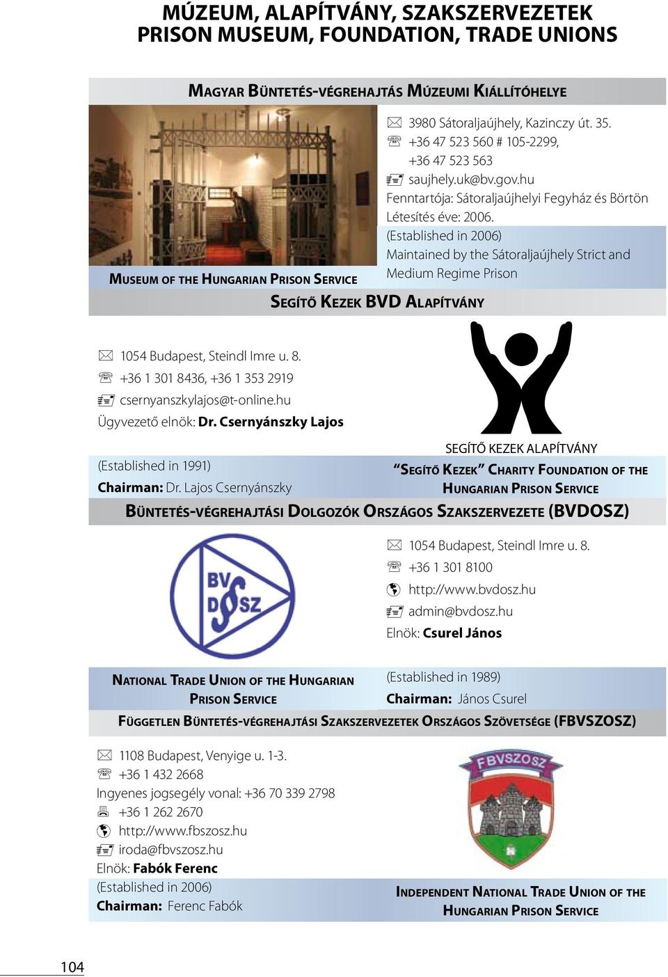 (Established in 2006) Maintained by the Sátoraljaújhely Strict and Medium Regime Prison 1054 Budapest, Steindl Imre u. 8. +36 1 301 8436, +36 1 353 2919 csernyanszkylajos@t-online.