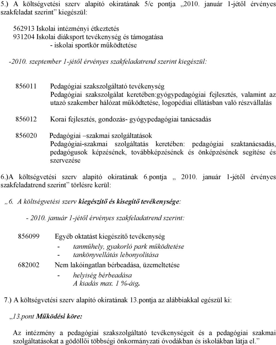 szeptember 1-jétől érvényes szakfeladatrend szerint kiegészül: 856011 Pedagógiai szakszolgáltató tevékenység Pedagógiai szakszolgálat keretében:gyógypedagógiai fejlesztés, valamint az utazó szakember