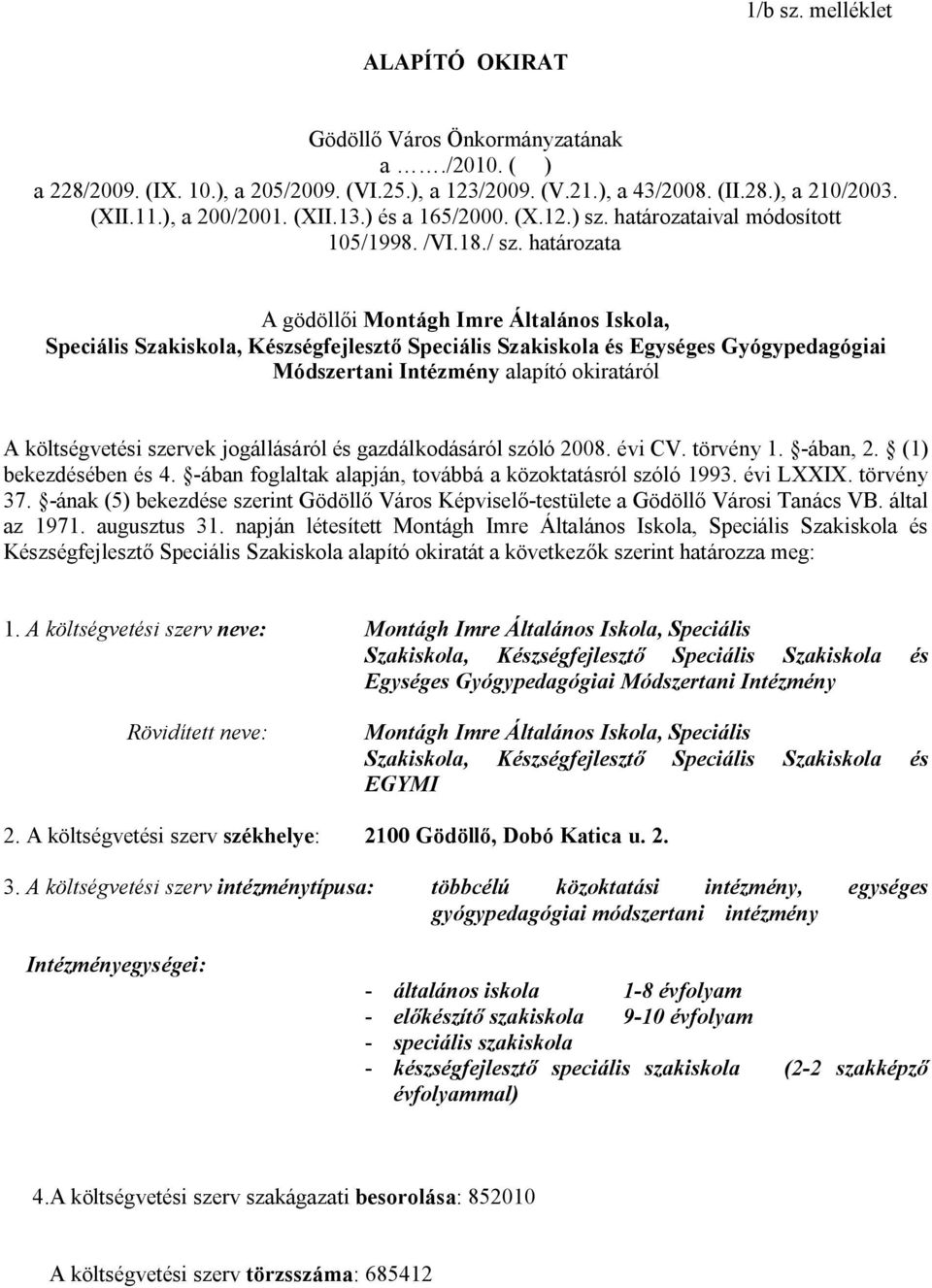 határozata A gödöllői Montágh Imre Általános Iskola, Speciális Szakiskola, Készségfejlesztő Speciális Szakiskola és Egységes Gyógypedagógiai Módszertani Intézmény alapító okiratáról A költségvetési