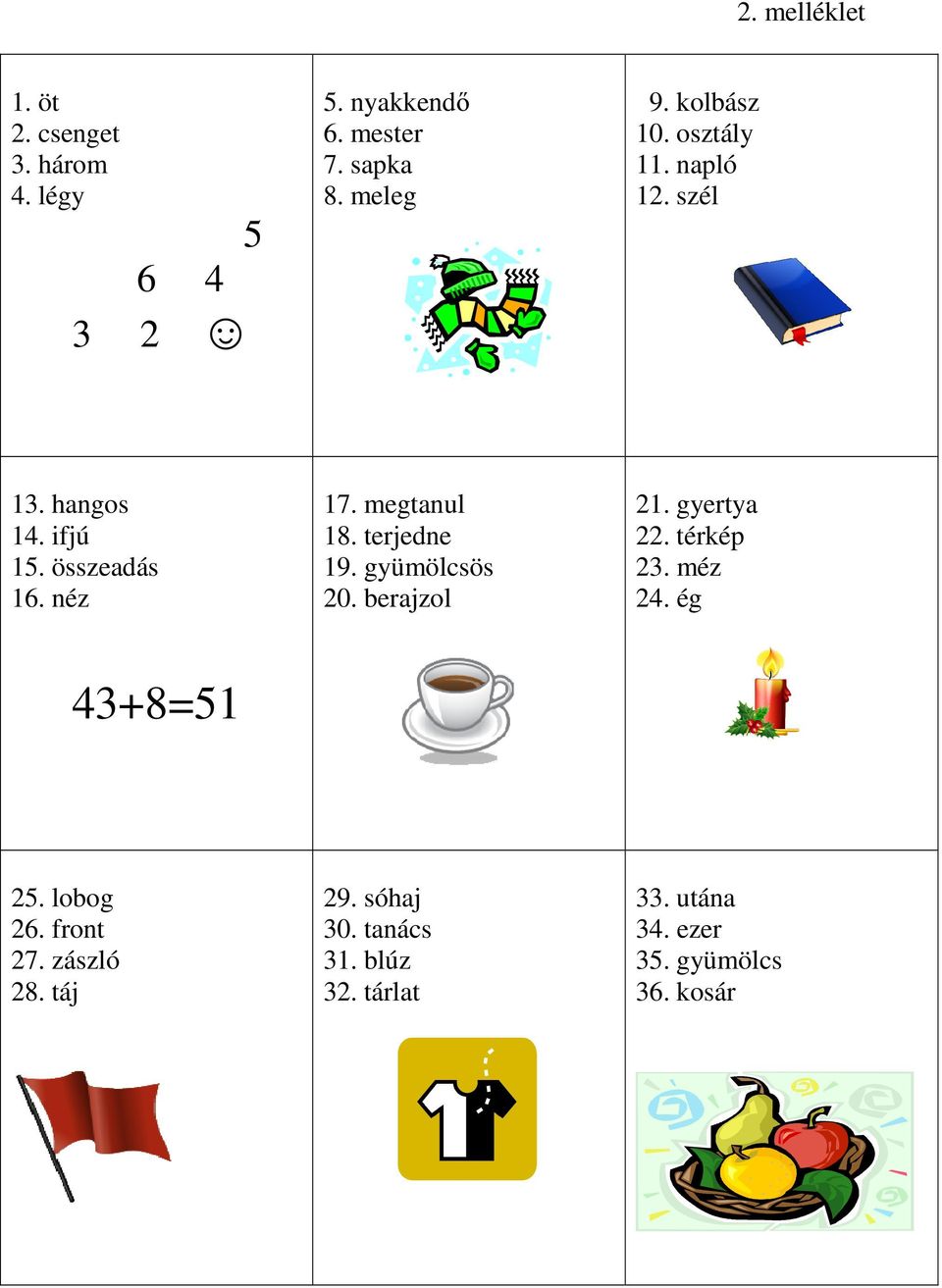 terjedne 19. gyümölcsös 20. berajzol 21. gyertya 22. térkép 23. méz 24. ég 43+8=51 25. lobog 26.