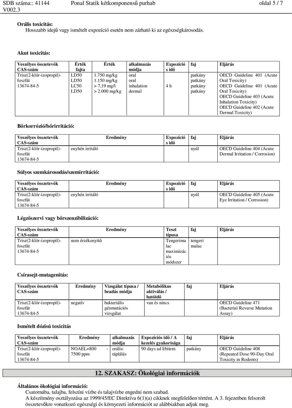 000 mg/kg alkalmazás módja oral oral inhalation dermal Expozíció s id 4 h faj patkány patkány patkány patkány Eljárás OECD Guideline 401 (Acute Oral Toxicity) OECD Guideline 401 (Acute Oral Toxicity)