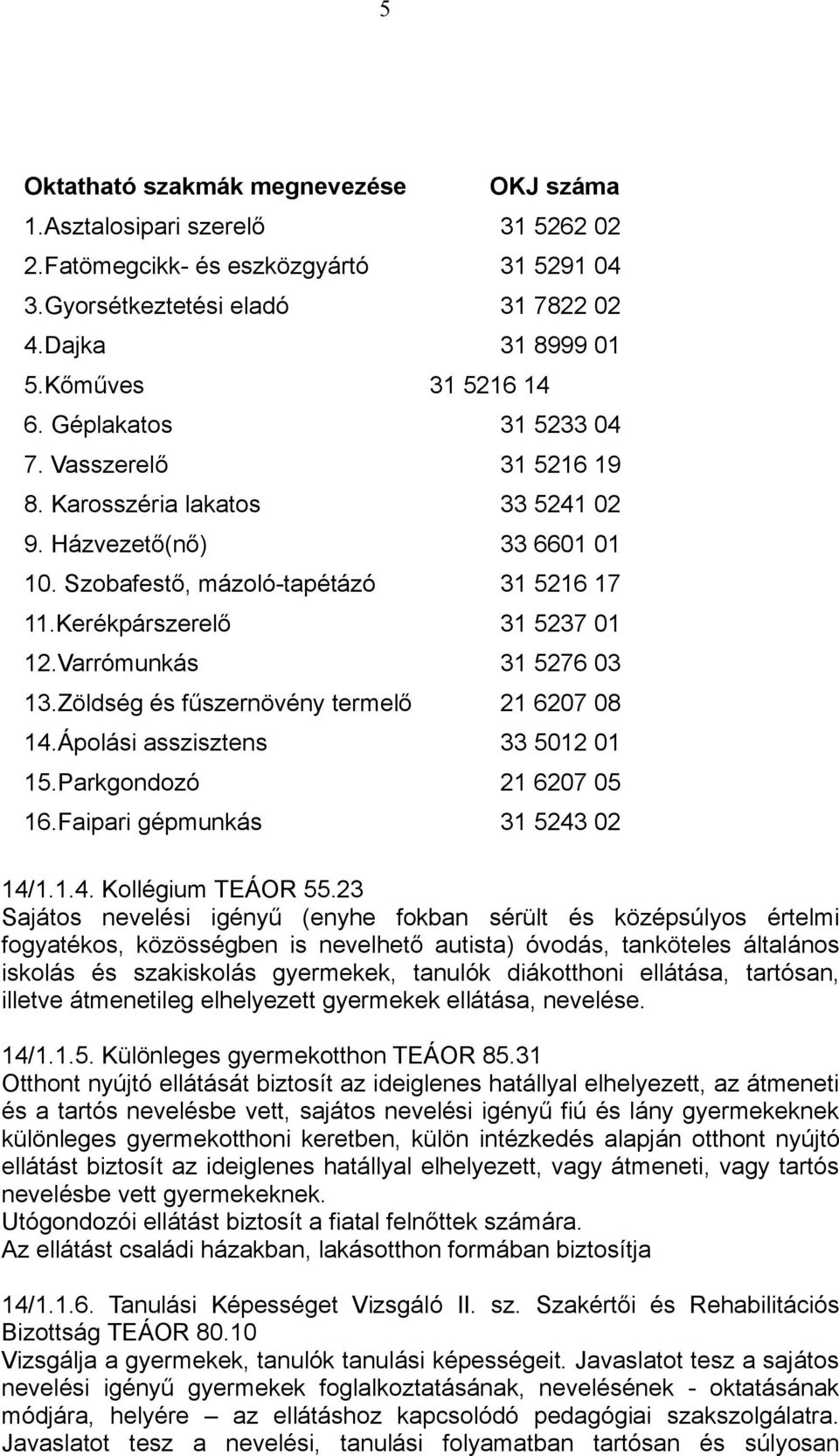 Varrómunkás 31 5276 03 13.Zöldség és fűszernövény termelő 21 6207 08 14.Ápolási asszisztens 33 5012 01 15.Parkgondozó 21 6207 05 16.Faipari gépmunkás 31 5243 02 14/1.1.4. Kollégium TEÁOR 55.