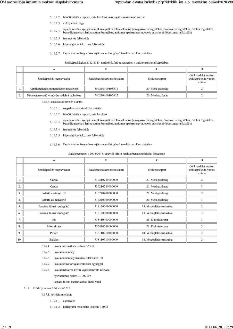 Agrárkereskedelmi menedzser-asszisztens 556210100105501 20. Mezőgazdaság 2 2. Növénytermesztő és növényvédelmi technikus 546210400105402 20. Mezőgazdaság 2 6.16.3. szakiskolai nevelés-oktatás 6.16.3.1. nappali rendszerű iskolai oktatás 6.