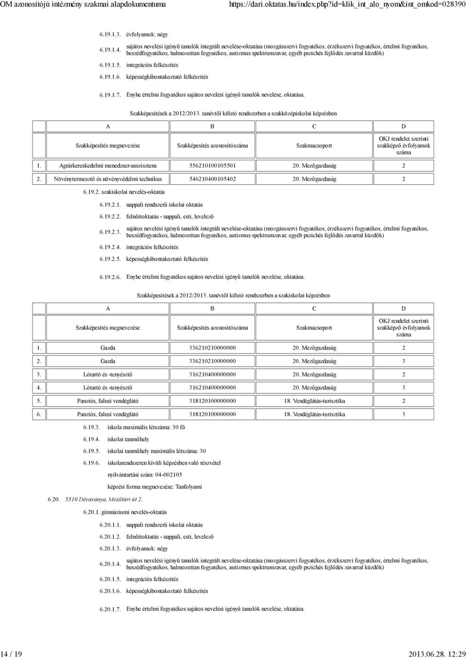 Agrárkereskedelmi menedzser-asszisztens 556210100105501 20. Mezőgazdaság 2 2. Növénytermesztő és növényvédelmi technikus 546210400105402 20. Mezőgazdaság 2 6.19.2. szakiskolai nevelés-oktatás 6.19.2.1. nappali rendszerű iskolai oktatás 6.