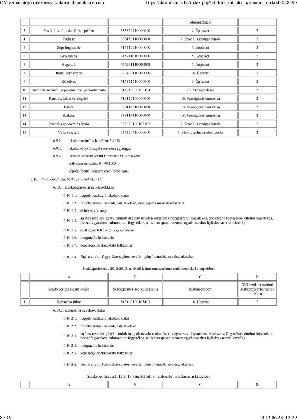 Kőműves 315821510000000 9. Építészet 2 10. Növénytermesztési gépüzemeltető, gépkarbantartó 315212000103104 20. Mezőgazdaság 2 11. Panziós, falusi vendéglátó 318120100000000 18.