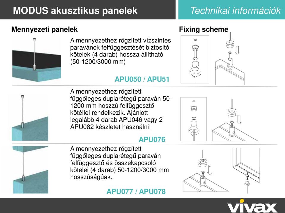 50-1200 mm hoszzú felfüggesztő kötéllel rendelkezik. Ajánlott legalább 4 darab APU046 vagy 2 APU082 készletet használni!