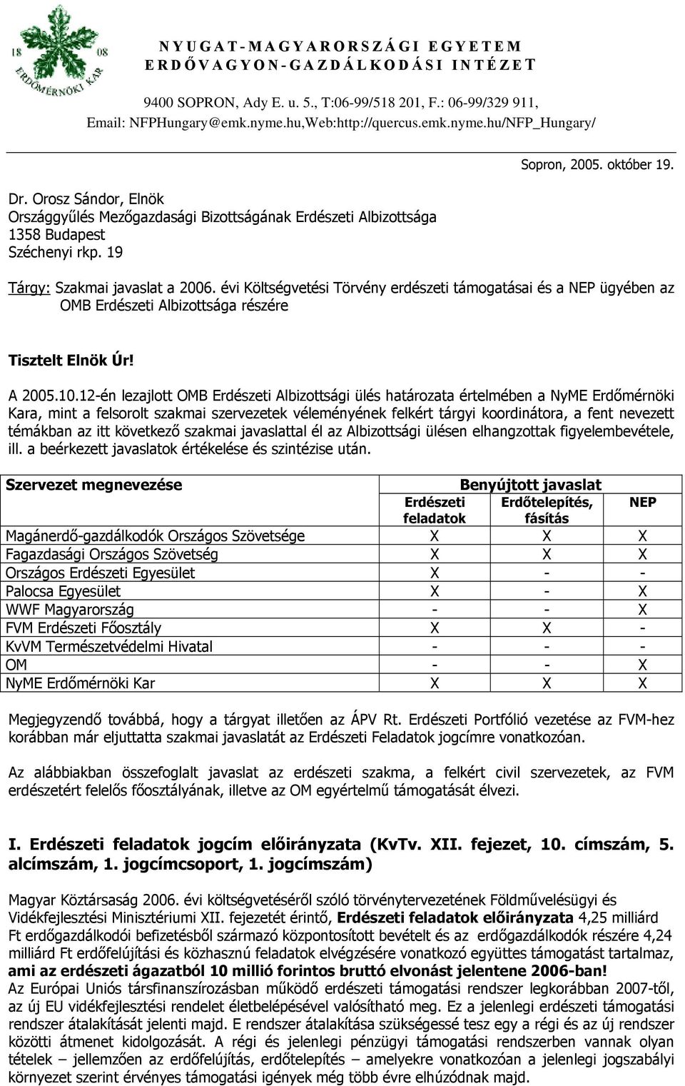 évi Költségvetési Törvény erdészeti támogatásai és a NEP ügyében az OMB Erdészeti Albizottsága részére Tisztelt Elnök Úr! A 2005.10.