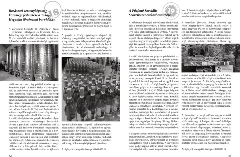 A borászat fejlesztése mellett számos közösségi együttműködésben részt vesz, így például alapító tagja a Zempléni Tájak LEADER Helyi Akciócsoportnak, és több olyan borászati és turisztikai egyesület