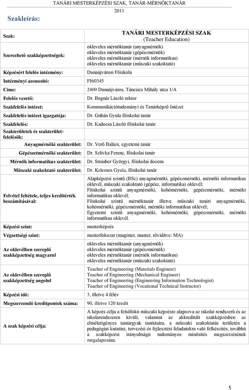 Dunaújváros, Táncsics Mihály utca 1/A Felelős vezető: Szakfelelős intézet: Szakfelelős intézet igazgatója: Szakfelelős: Szakterületek és szakterületfelelősök: Anyagmérnöki szakterület: