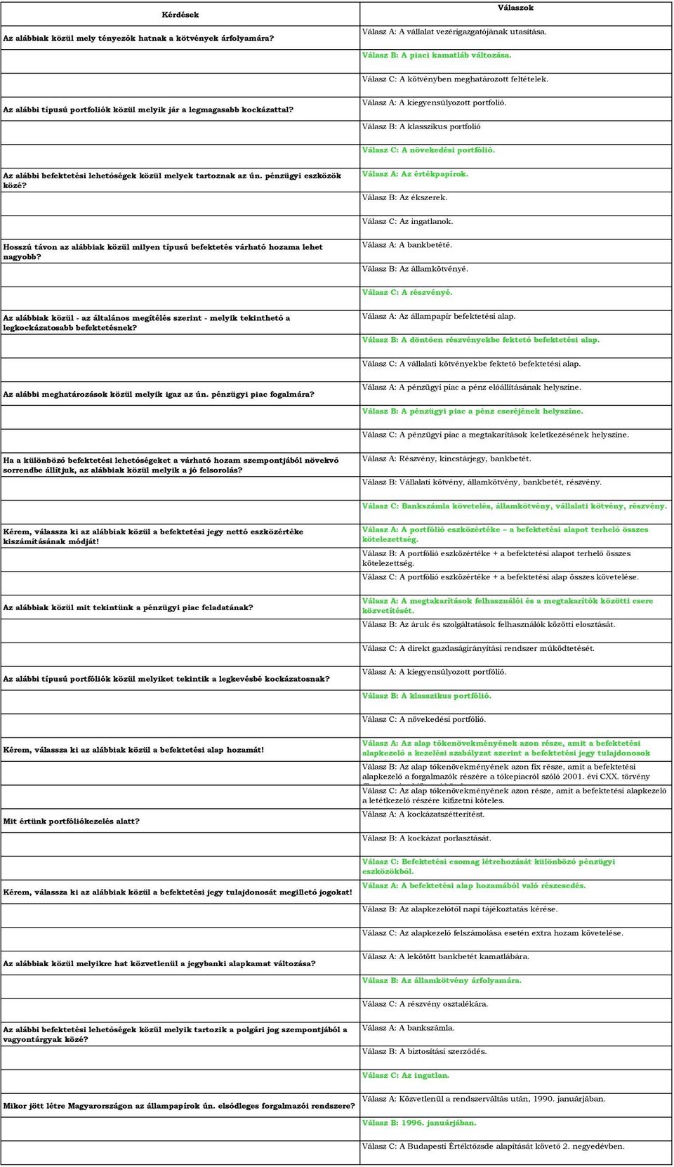 Válasz B: A klasszikus portfolió Válasz C: A növekedési portfólió. Az alábbi befektetési lehetőségek közül melyek tartoznak az ún. pénzügyi eszközök közé? Válasz A: Az értékpapírok.