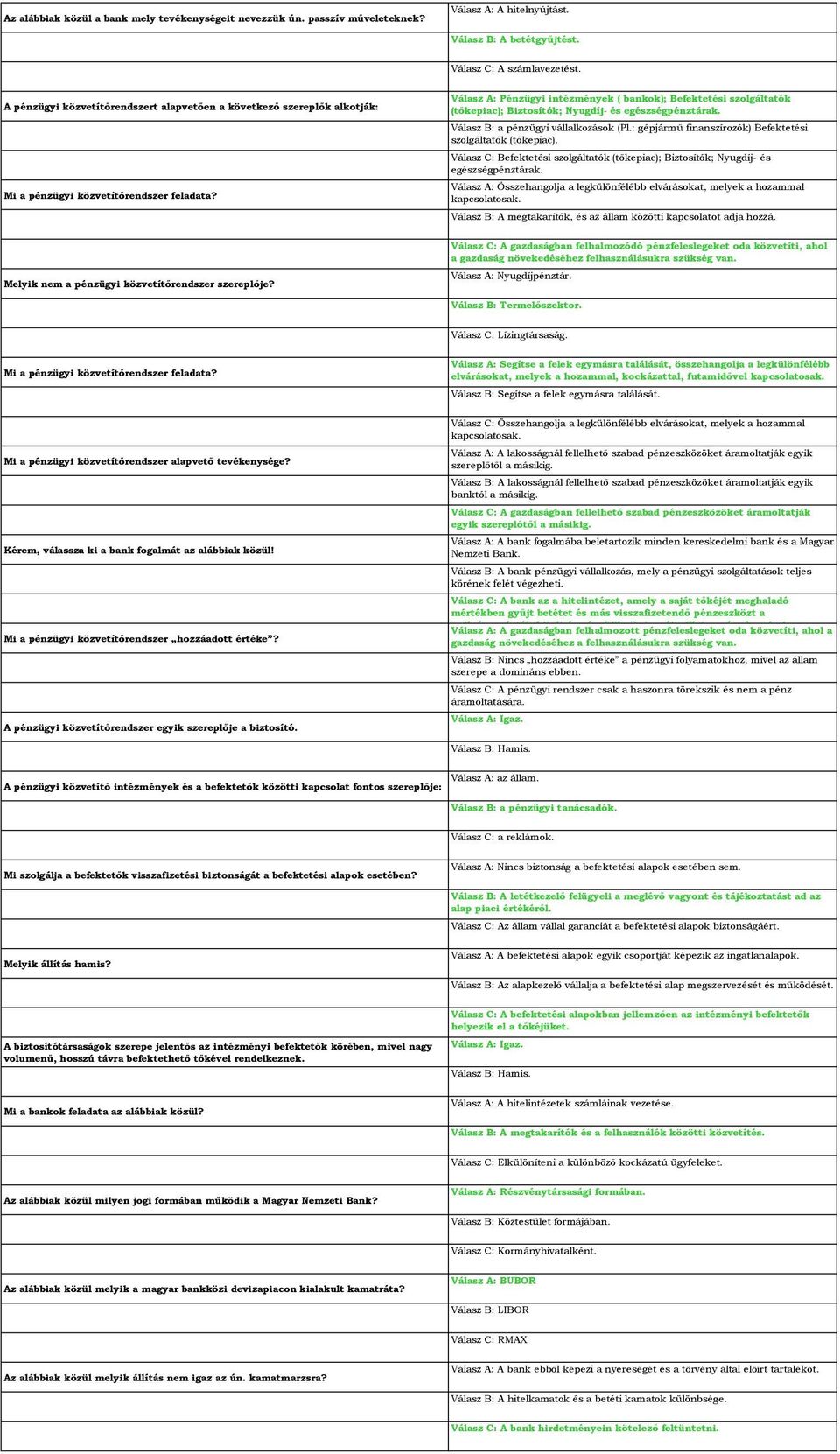 Válasz A: Pénzügyi intézmények ( bankok); Befektetési szolgáltatók (tőkepiac); Biztosítók; Nyugdíj- és egészségpénztárak. Válasz B: a pénzügyi vállalkozások (Pl.