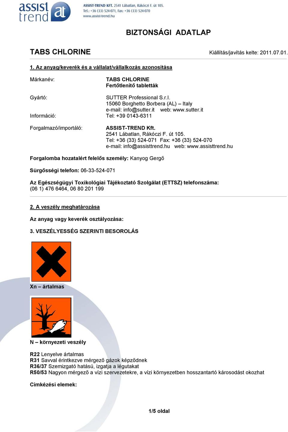 it web: www.sutter.it Információ: Tel: +39 0143-6311 Forgalmazó/importáló: ASSIST-TREND Kft. 2541 Lábatlan, Rákóczi F. út 105. Tel: +36 (33) 524-071 Fax: +36 (33) 524-070 e-mail: info@assisttrend.