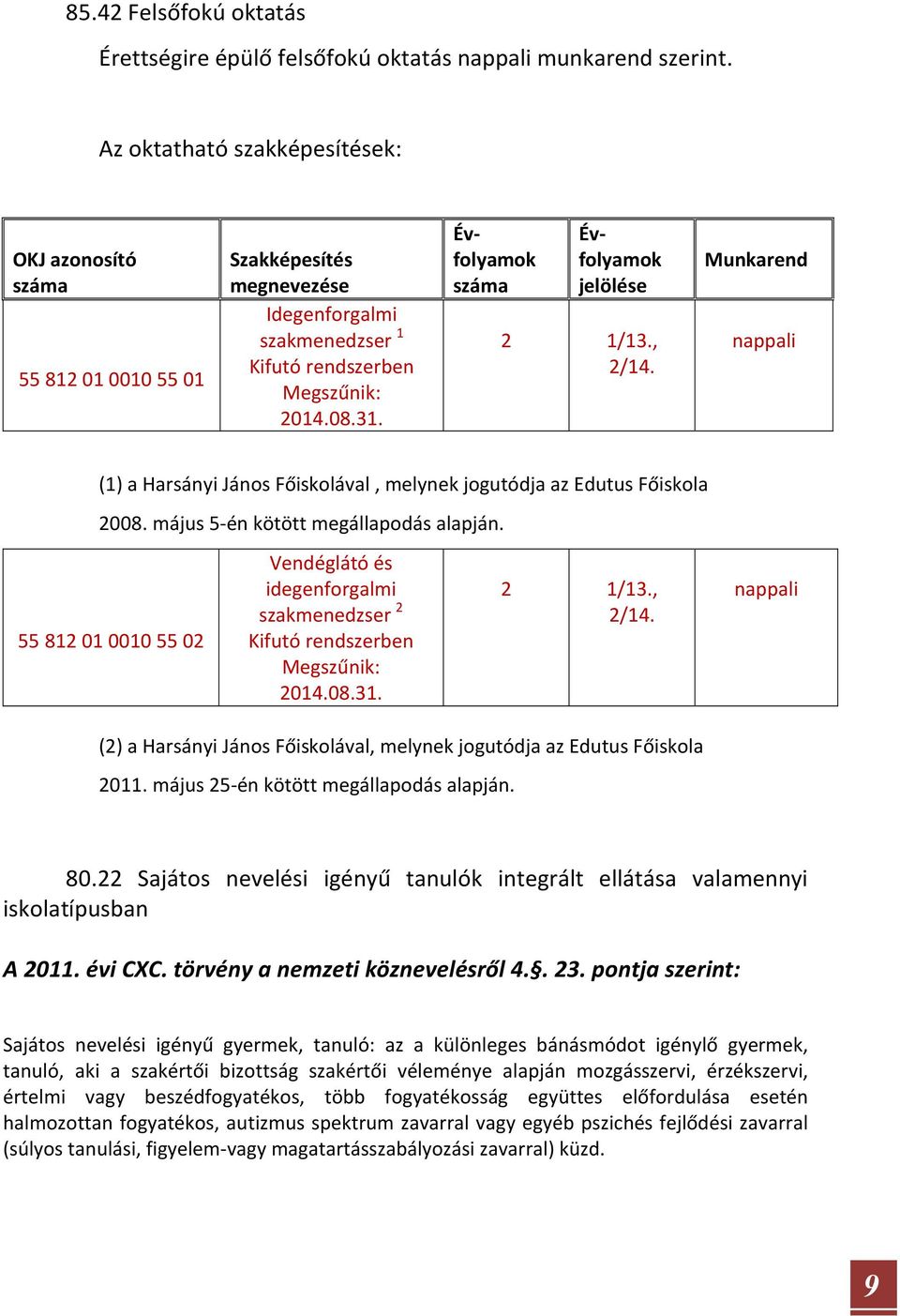 Évfolyamok száma Évfolyamok jelölése Munkarend nappali (1) a Harsányi János Főiskolával, melynek jogutódja az Edutus Főiskola 2008. május 5-én kötött megállapodás alapján.