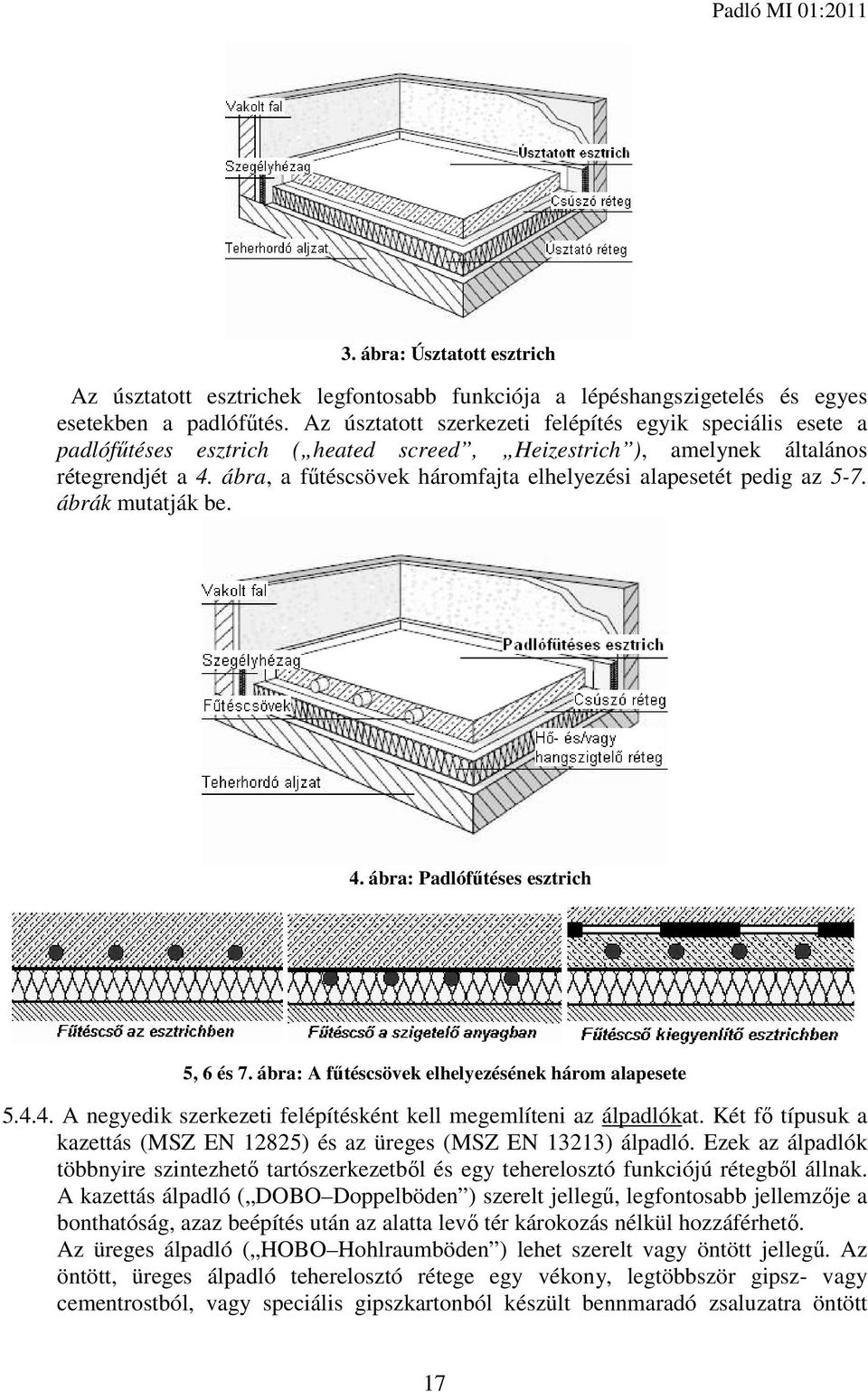 ábra, a fűtéscsövek háromfajta elhelyezési alapesetét pedig az 5-7. ábrák mutatják be. 4. ábra: Padlófűtéses esztrich 5, 6 és 7. ábra: A fűtéscsövek elhelyezésének három alapesete 5.4.4. A negyedik szerkezeti felépítésként kell megemlíteni az álpadlókat.