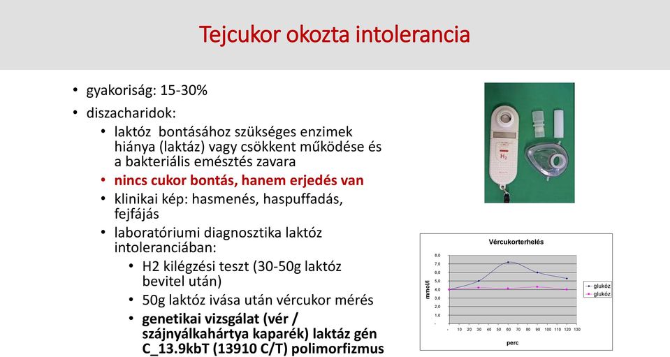 intoleranciában: H2 kilégzési teszt (30-50g laktóz bevitel után) 50g laktóz ivása után vércukor mérés genetikai vizsgálat (vér / szájnyálkahártya
