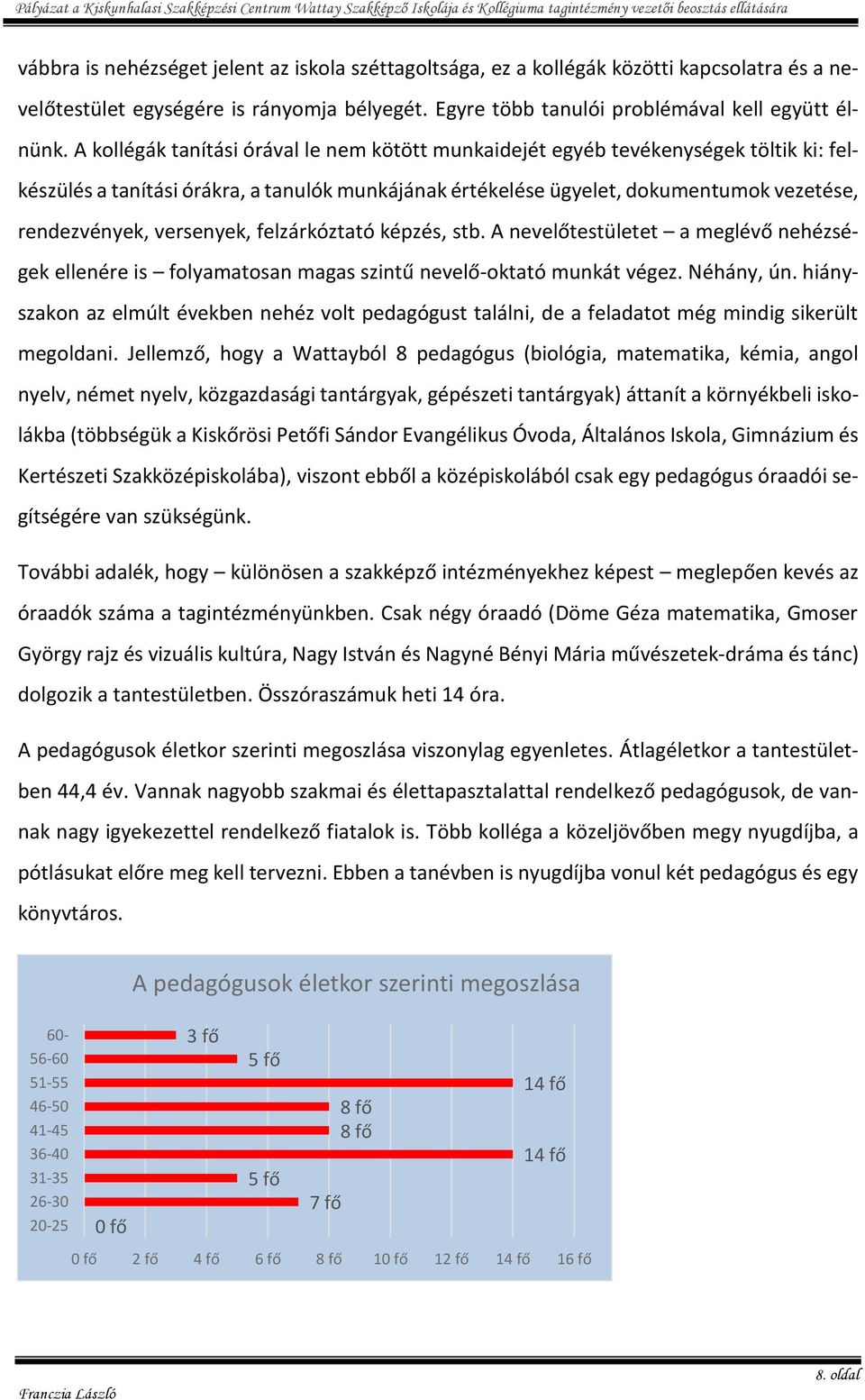 versenyek, felzárkóztató képzés, stb. A nevelőtestületet a meglévő nehézségek ellenére is folyamatosan magas szintű nevelő-oktató munkát végez. Néhány, ún.