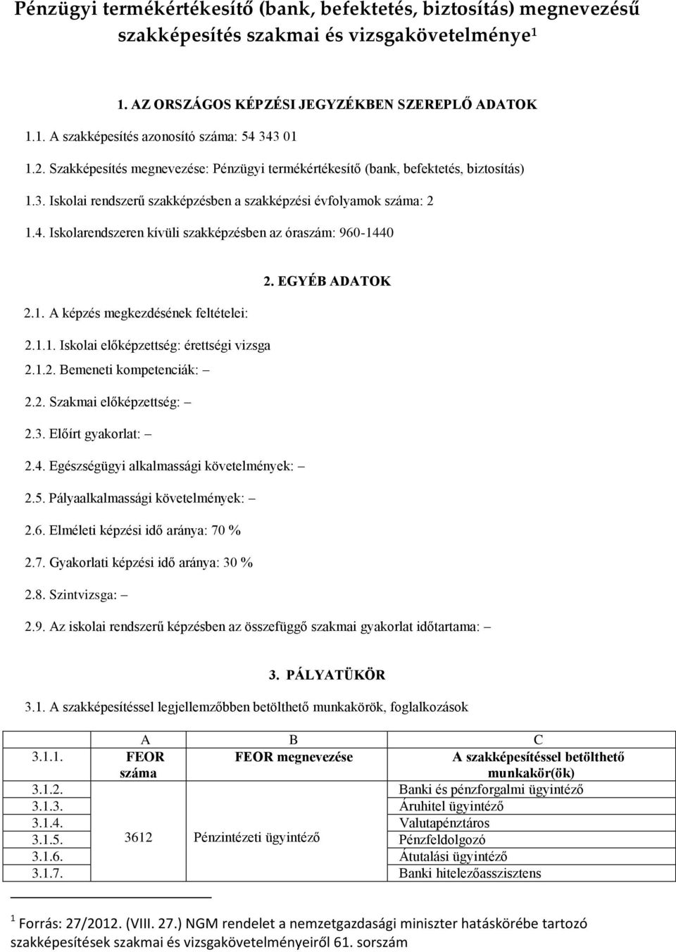 Iskolarendszeren kívüli szakképzésben az óraszám: 960-1440 2. EGYÉB ADATOK 2.1. A képzés megkezdésének feltételei: 2.1.1. Iskolai előképzettség: érettségi vizsga 2.1.2. Bemeneti kompetenciák: 2.2. Szakmai előképzettség: 2.